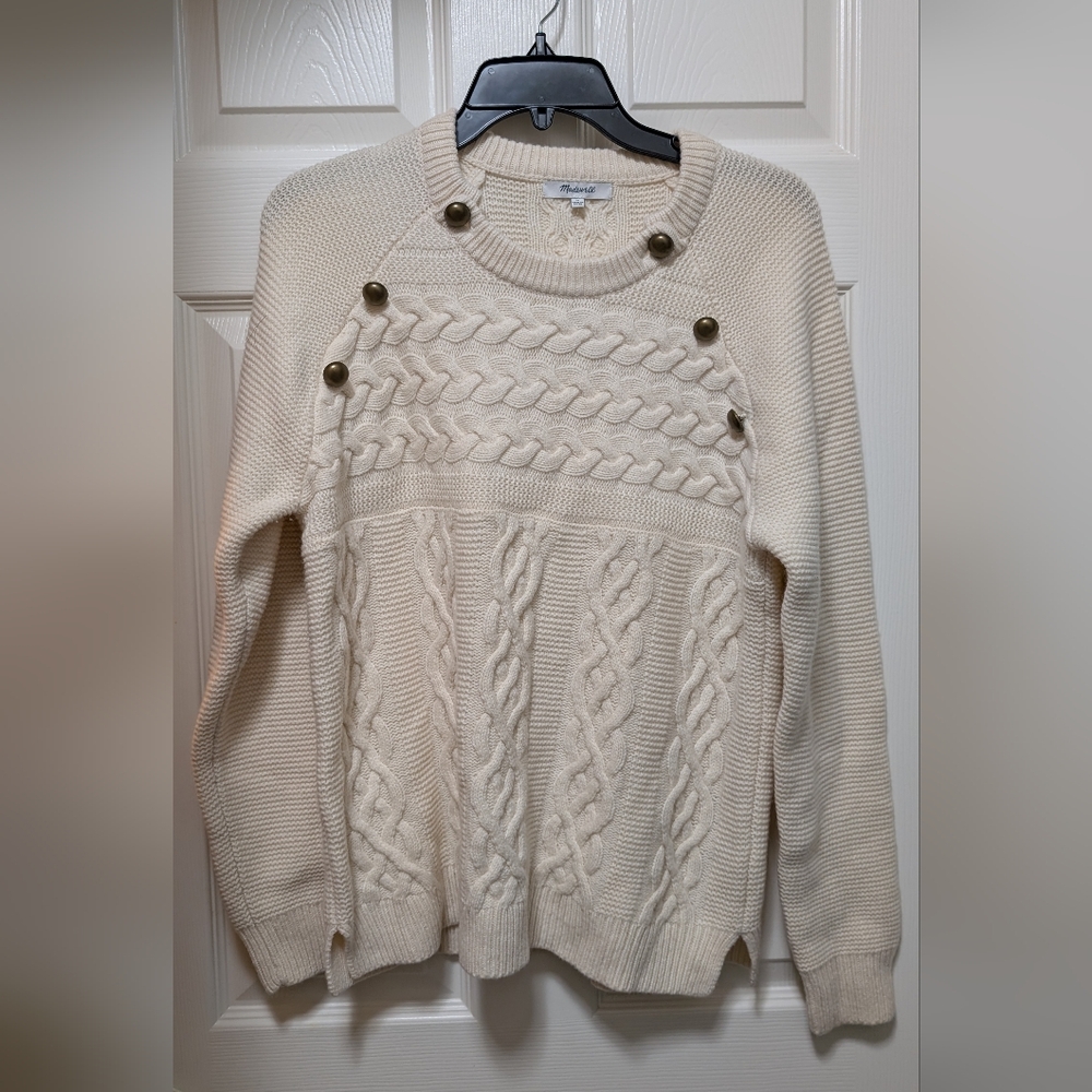 NWT Madewell Button Detail Merino Wool Blend Cable Knit Pullover Sweater Size M